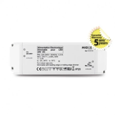 Alimentation Pour LED 24VDC 50W Dimmable - Coupure De Phase - IP20 1 Alimentation Pour LED 24VDC 50W Dimmable - Coupure De Phase - IP20