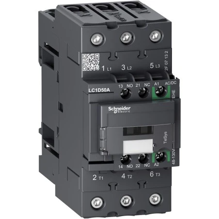 Schneider® Contacteur - 3P(3NO) - AC3 - 440V 50A - 48 à 130Vca-cc - Everlink - TeSys LC1D50AEHE 1 Schneider® Contacteur - 3P(3NO) - AC3 - 440V 50A - 48 à 130Vca-cc - Everlink - TeSys LC1D50AEHE