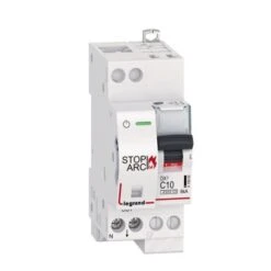 Legrand Disjoncteur 1P+N 230V~ 10A - Courbe C - 2 Modules - Auto/vis - DX³ STOP ARC 4500 - 6kA