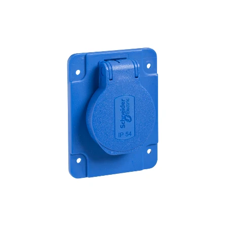 Schneider® Socle De Prise NF 65x85mm - 2P+T 10-16 A - IP54 - Connex. Arr. - Bleu - PRATIKA 1 Schneider® Socle De Prise NF 65x85mm - 2P+T 10-16 A - IP54 - Connex. Arr. - Bleu - PRATIKA